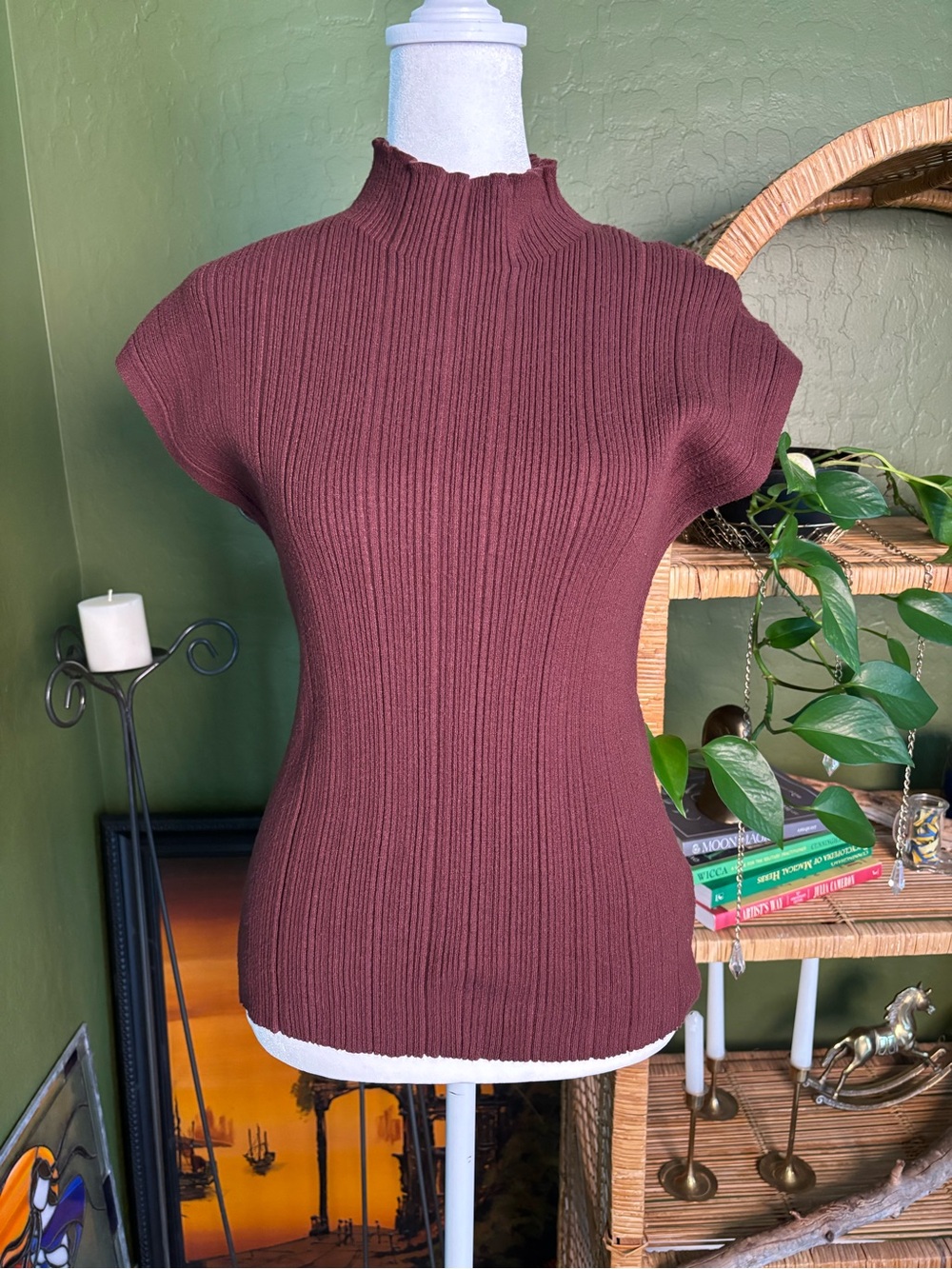 Ribbed Mock Neck Cap Sleeve Top Knit Brown Lettuce Hem - Picture 2 of 5